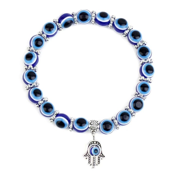 Blue Beaded Evil Eye Stretch Charm Bracelet - Picture 7 of 7